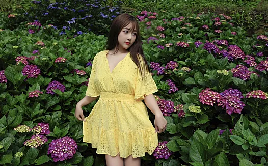 Prime精选《绣球花间黄裙》写真:花园里的明亮夏日